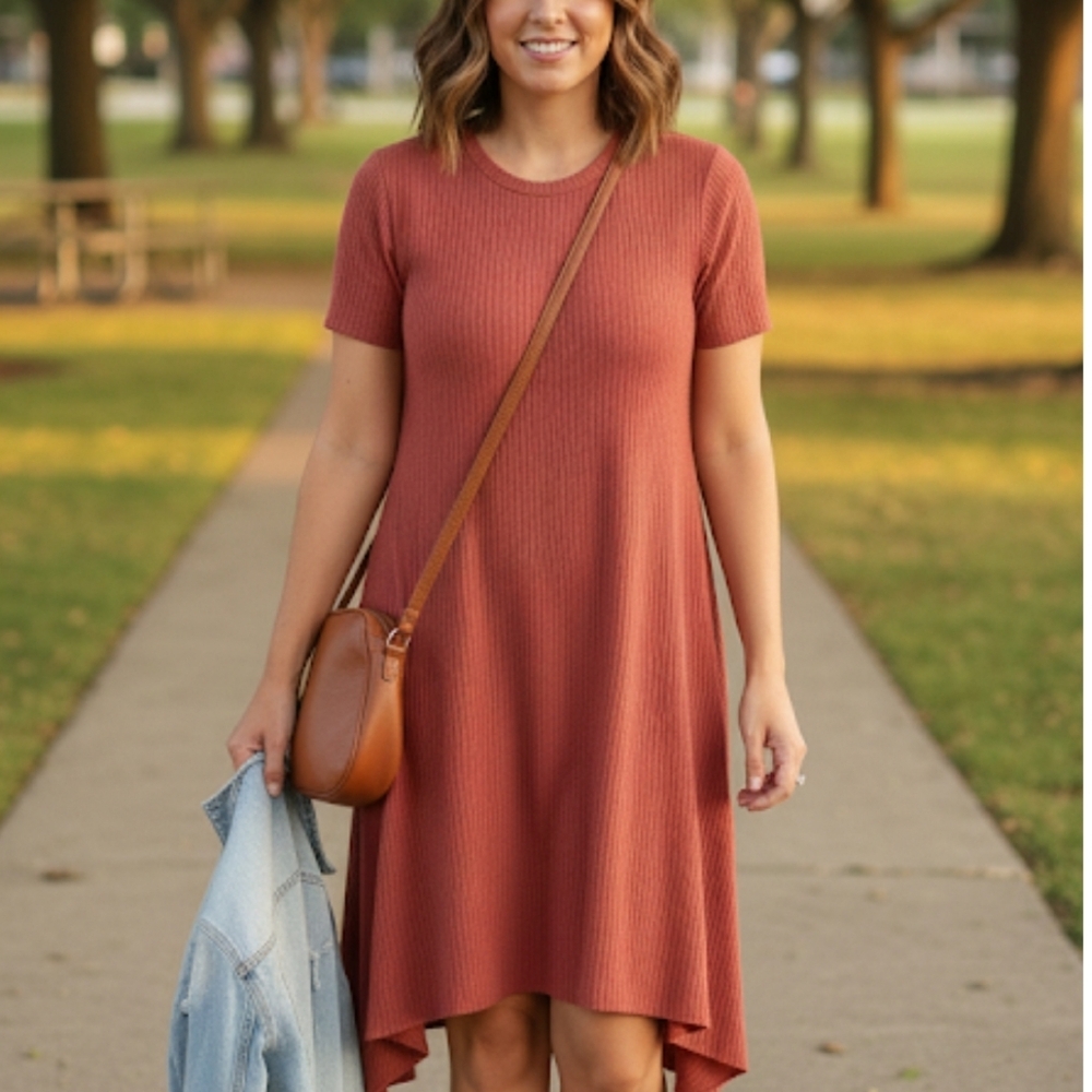 Jersey Ribbed Midi Dress Asymmetrical Dusty Red Women's Medium EUC Casual